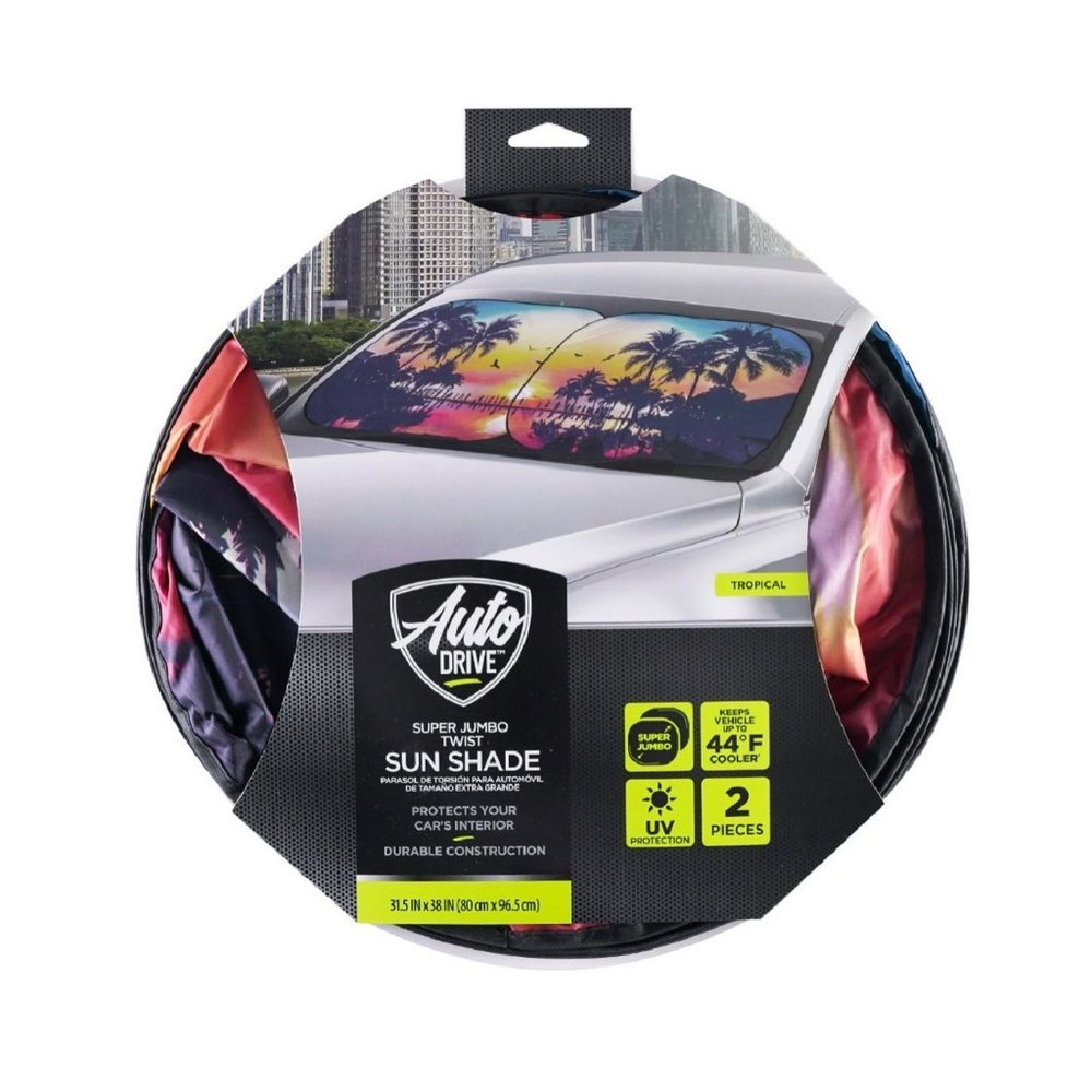 Auto Drive 2 Piece Universal Fit Most Vehicles Windshield Sun Shade, 31.5" x 38"